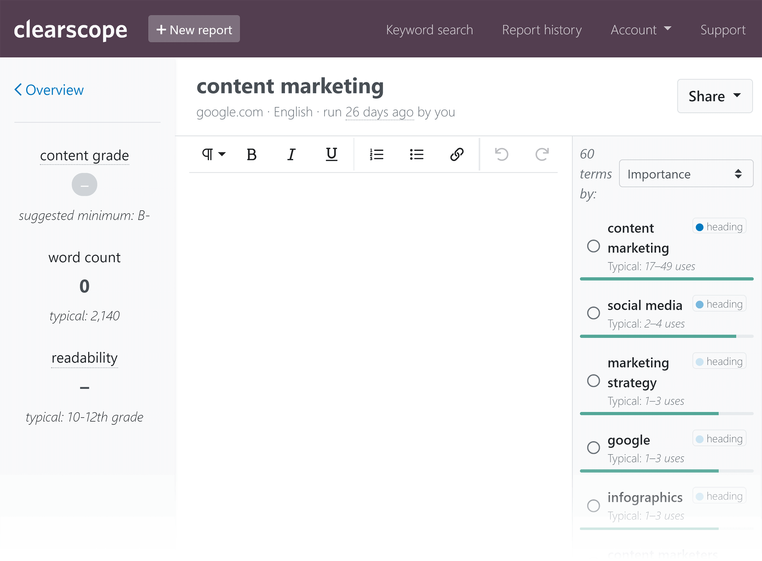 Clearscope content optimization - content grade and term analysis