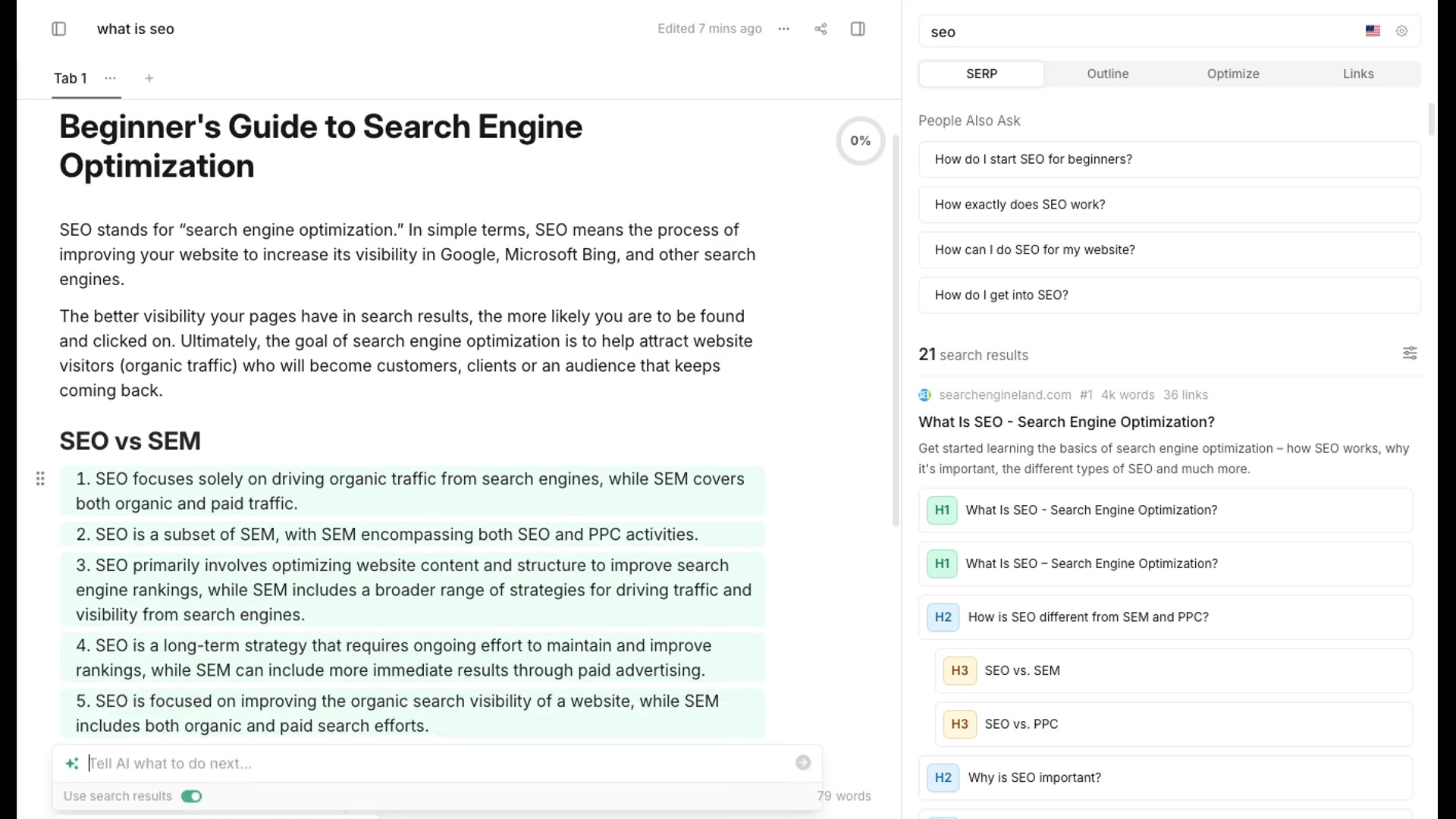Frase SEO content editor - SERP analysis and content optimization