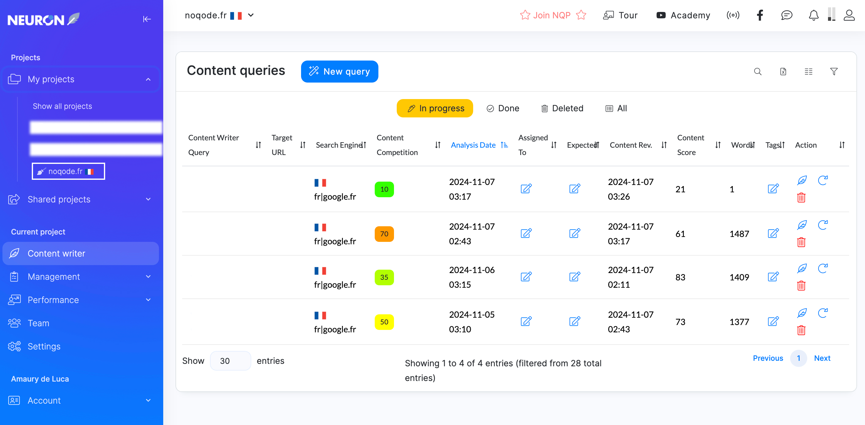 NeuronWriter content queries - content score and project management
