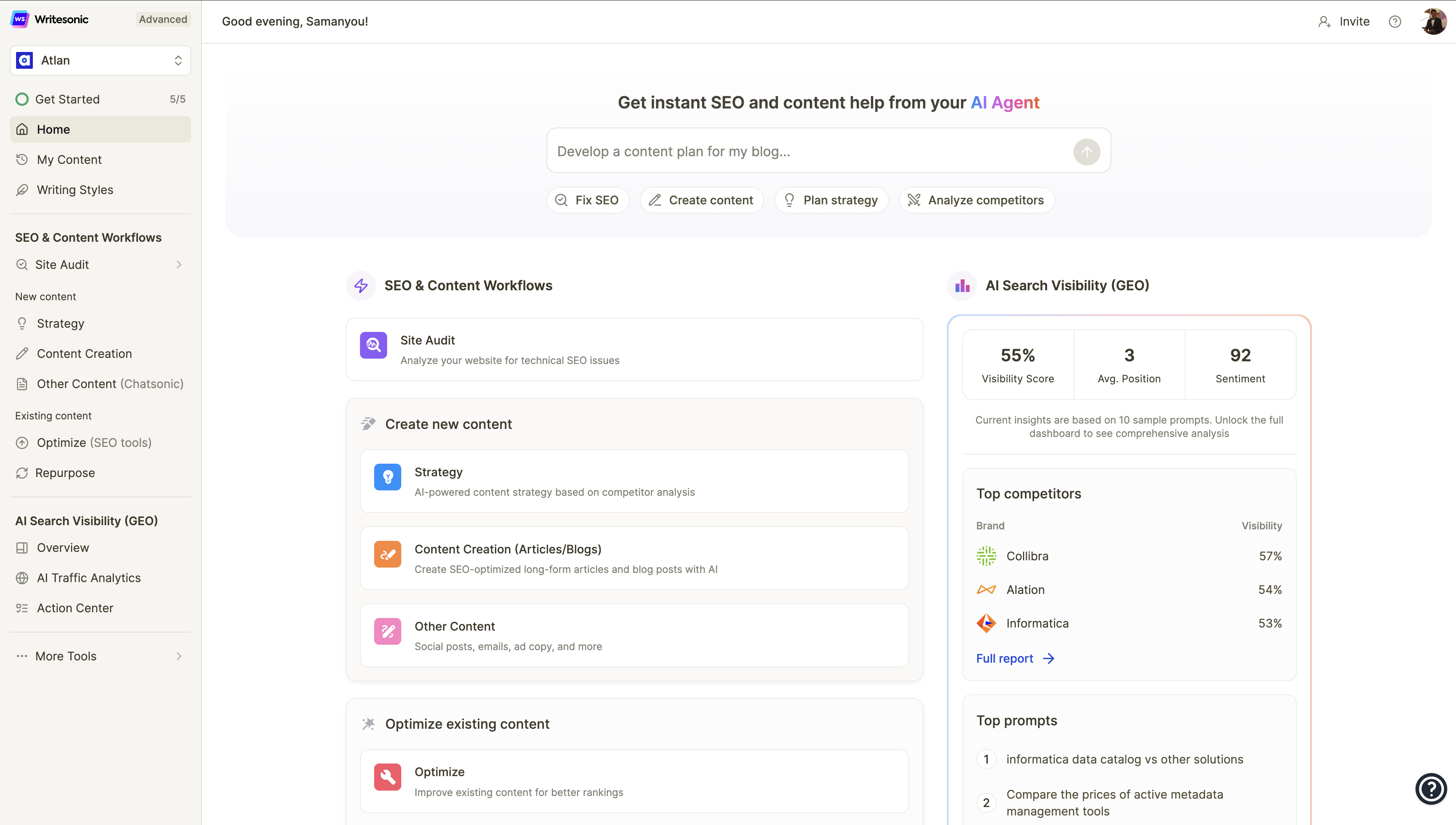 Writesonic SEO & content workflows dashboard